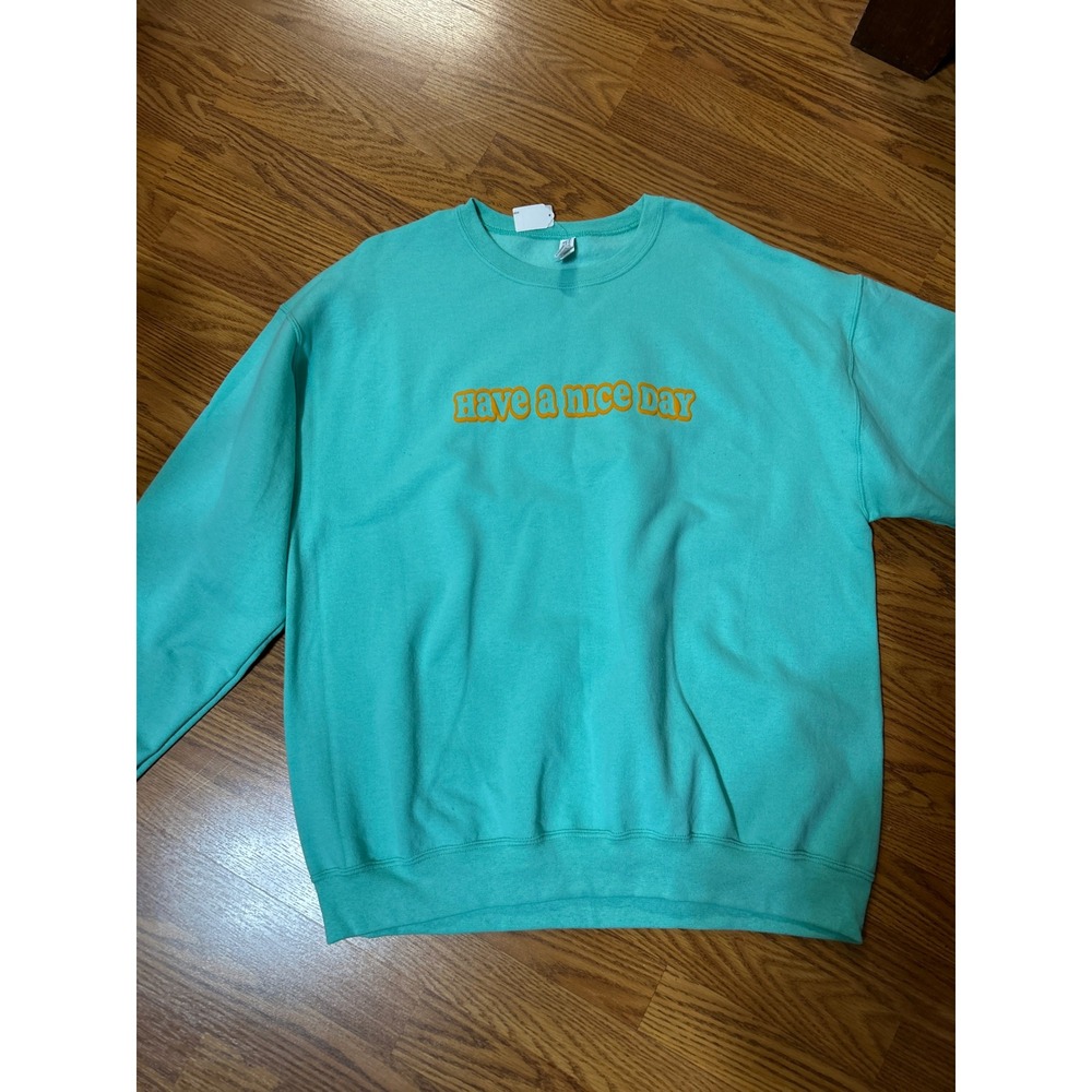 Jerzees‎ NuBlend Have A Nice Day Smiley Face Sweatshirt XL Turquoise Orange Puff